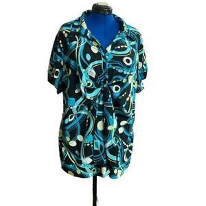 BLUE DIAMOND PLUS‎ Stretch Geometric design Black Blue Green White Top 3X